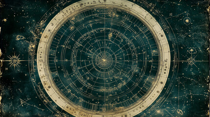Obraz premium Astrological chart with intricate celestial markings and symbols on a textured dark background for mystical and scientific themes