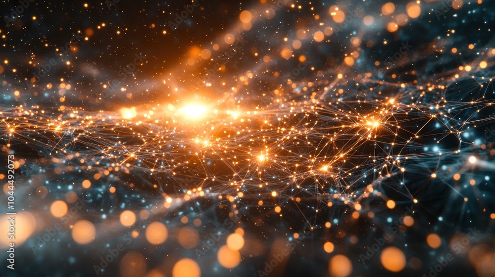 Poster illuminated cosmic web with radiant particles and fluctuating connections in a deep space setting