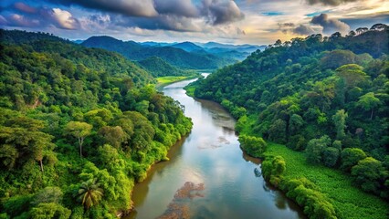 Scenic river flowing through dense forest from high angle