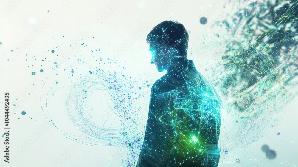 Poster abstract visualization of a quantum engineer surrounded by digital waves and atomic