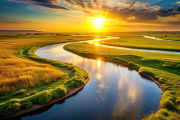 Fototapeta premium Scenic river landscape with golden sunlight