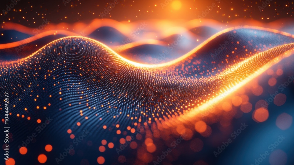 Poster a mesmerizing digital landscape with vibrant waves of light and texture illuminated by a setting sun
