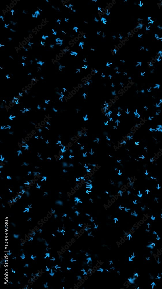 Poster abstract endless loop random blue arrows on black vertical background.