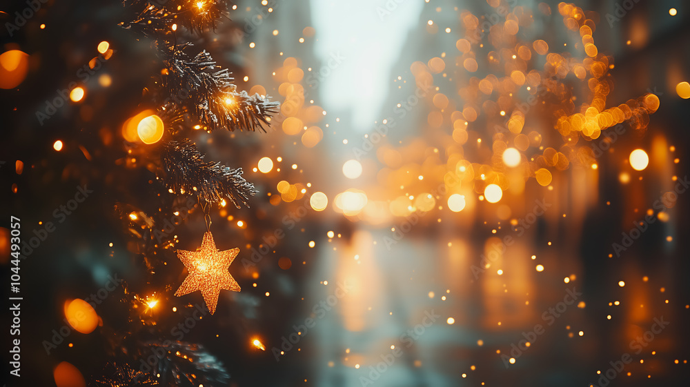 Poster a christmas tree with a star on it is lit up with lights. the lights are scattered all over the tree
