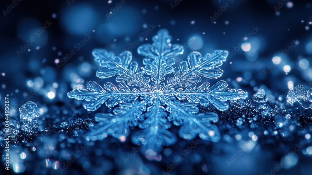 Poster a stunning close-up of a snowflake glistening with intricate ice patterns against a shimmering winte