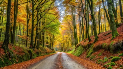 Fototapeta premium Scenic road through autumn forest on Camino de Santiago