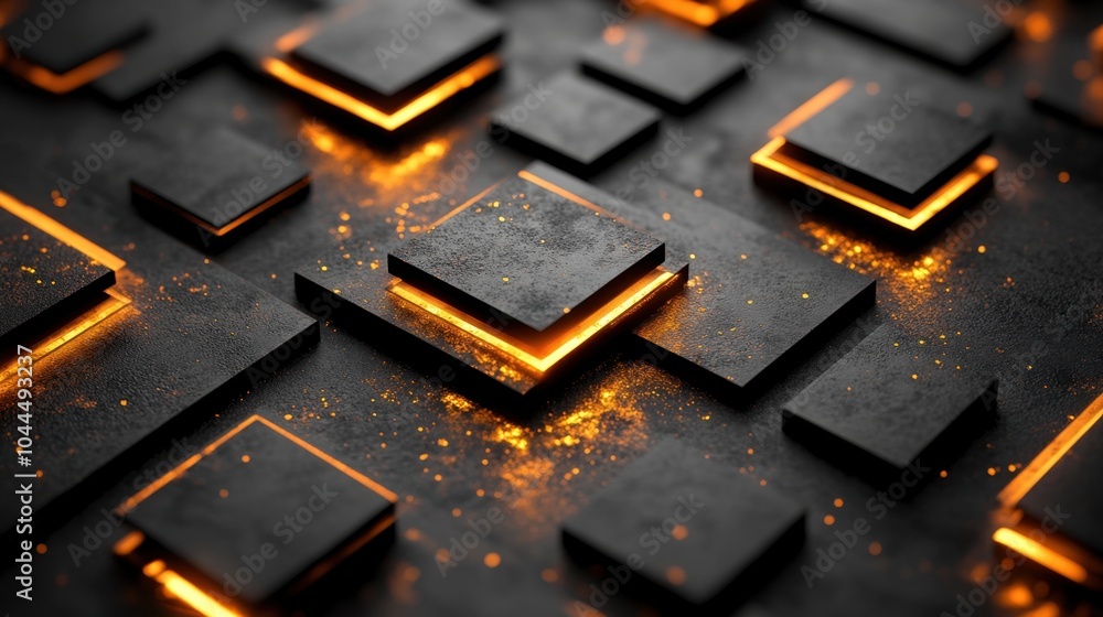 Poster dynamic abstract composition of glowing squares amidst textured background producing an intriguing v