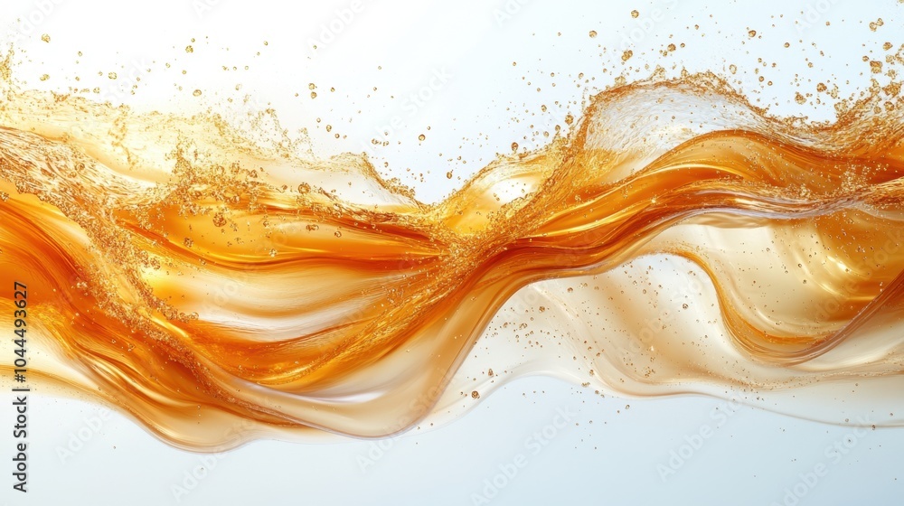 Poster dynamic waves of golden liquid gracefully flowing with sparkling bubbles against a bright backdrop i