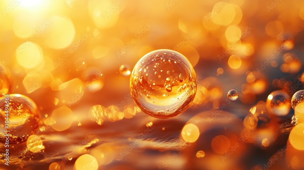 Poster golden droplets dance gracefully on a shimmering surface in a sunlit atmosphere, creating a mesmeriz
