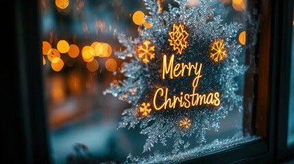 Captivating winter window adorned with glowing Merry Christmas message and frosty decorations during a festive evening