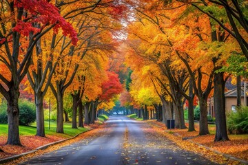 Fototapeta premium Scenic street with colorful autumn leaves