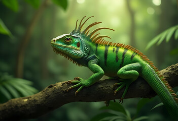 Fototapeta premium vibrant green iguana perched on branch in lush forest