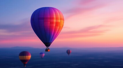 Fototapeta premium Hot air balloons floating above a colorful sunset landscape.