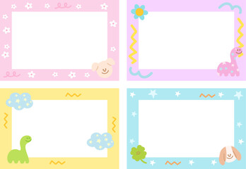 Cute pastel frame set with dinosaur, puppy, clover leaf, flowers for cartoon background, wallpaper, backdrop, polaroid frame, photo card, banner, rectangle ad template, print, animal, zoo, pet shop
