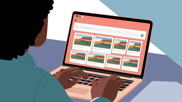 vector illustration of an individual with curly hair sitting in front of a laptop with hands on keybord The laptop screen should display a search engine interface with various images