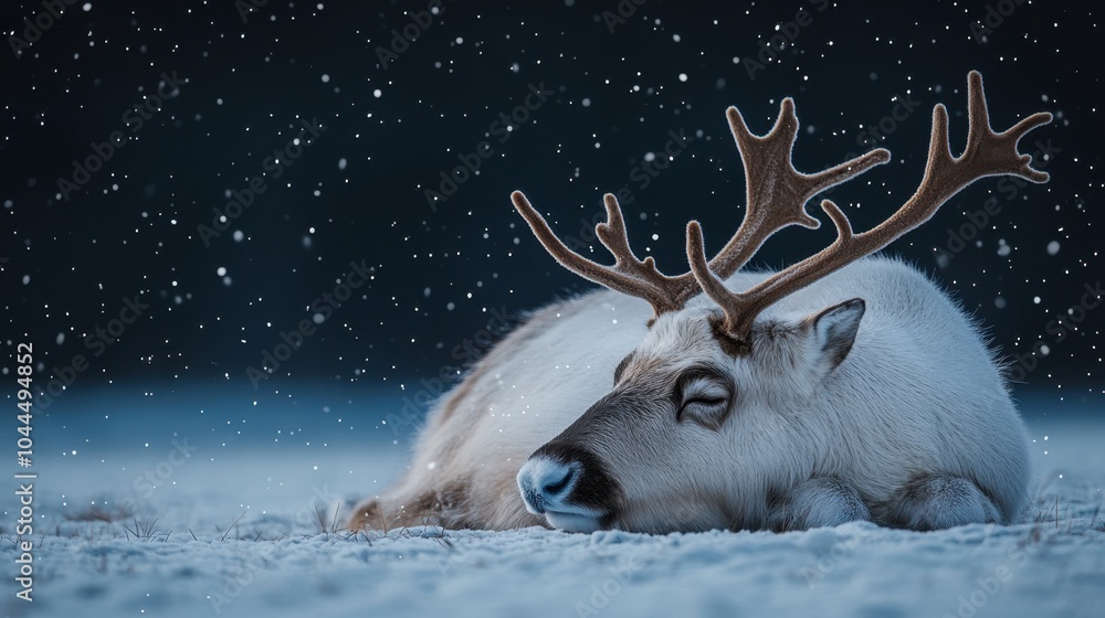 Poster a peaceful reindeer resting on soft snow under gentle snowfall during a tranquil winter evening in a