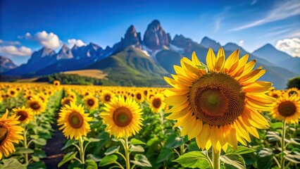 Obraz premium Scenic sunflower field with mountains and blue sky