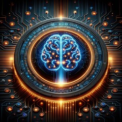 Obraz premium Futuristic Artificial Intelligence Brain Design on Circular Platform: Showcasing AI Learning, Neural Networks, Data Flow, and Digital Innovation with Neon Blue and Orange Accents