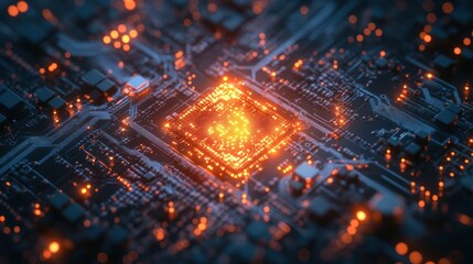 Fototapeta premium A close-up view of a glowing microchip on a circuit board, symbolizing advanced technology.