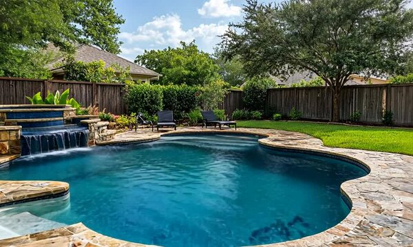 A serene backyard pool area featuring a waterfall and lounge chairs for relaxation.