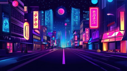 A vibrant neon cityscape at night, showcasing futuristic buildings and colorful signage.