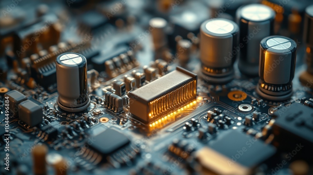 Aufkleber intricate details of a computer circuit board illuminated by soft orange light in a high-tech enviro