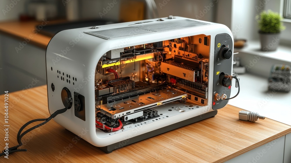 Aufkleber a unique fusion of technology and design within a retro toaster, revealing its intricate components 