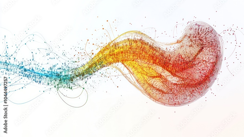 Aufkleber digital artwork showing a stylized stomach shape formed from interconnected quantum circuits and ene