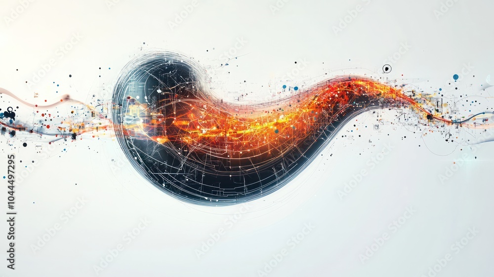 Poster digital artwork showing a stylized stomach shape formed from interconnected quantum circuits and ene