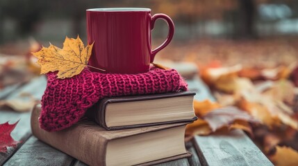 A cozy scene with a red mug, knitted scarf, and books surrounded by autumn leaves.