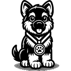 Fototapeta premium German shepherd puppy with dog show winner medal worn around its neck in monochrome. Simple minimalistic vector in black ink drawing on transparent background
