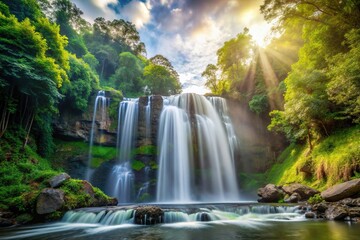 Scenic view of a waterfall surrounded by trees in the morning