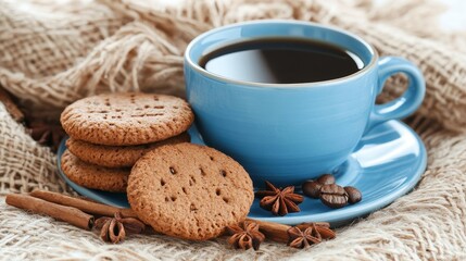Fototapeta premium A cozy scene featuring a blue cup of coffee alongside cookies and spices on a textured background.