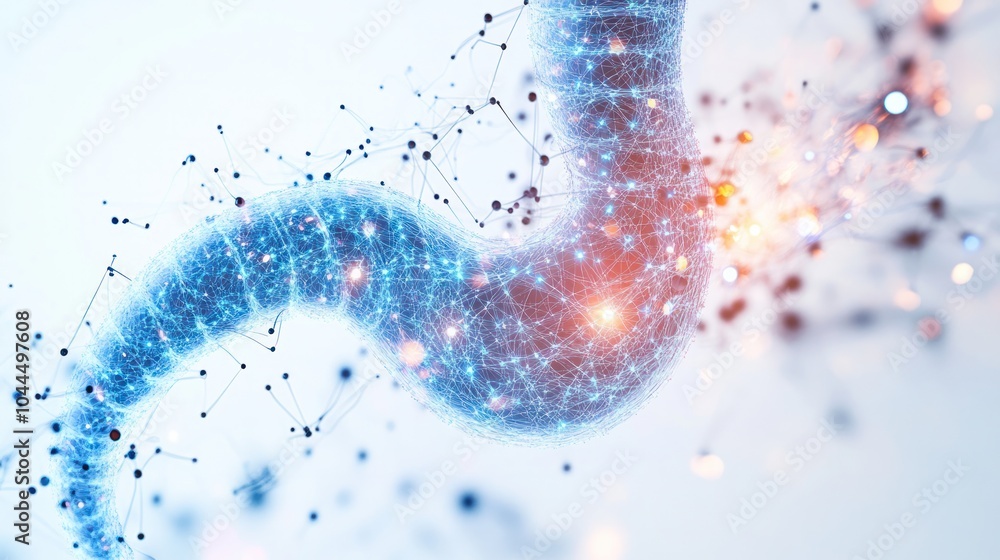 Poster digital artwork showing a stylized stomach shape formed from interconnected quantum circuits and ene