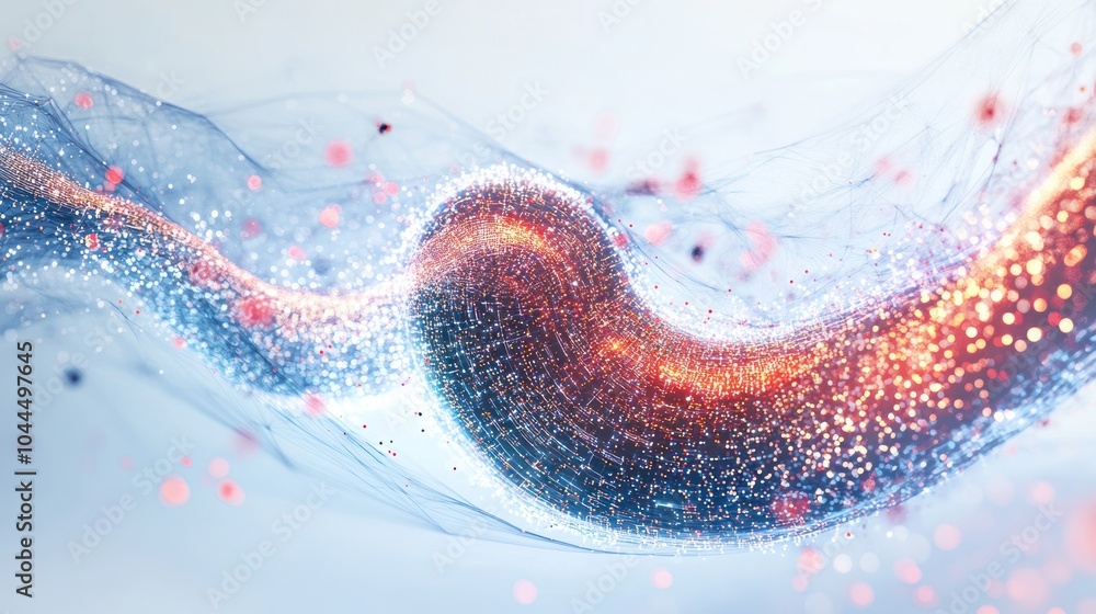 Poster digital artwork showing a stylized stomach shape formed from interconnected quantum circuits and ene