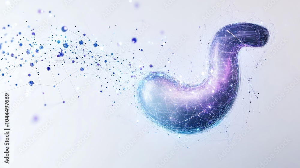 Poster digital artwork showing a stylized stomach shape formed from interconnected quantum circuits and ene