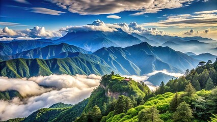 Obraz premium Scenic view of Alishan mountain in Taiwan with majestic clouds and mountains in the background