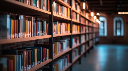 A serene library interior with shelves filled with colorful books, inviting reading and study.