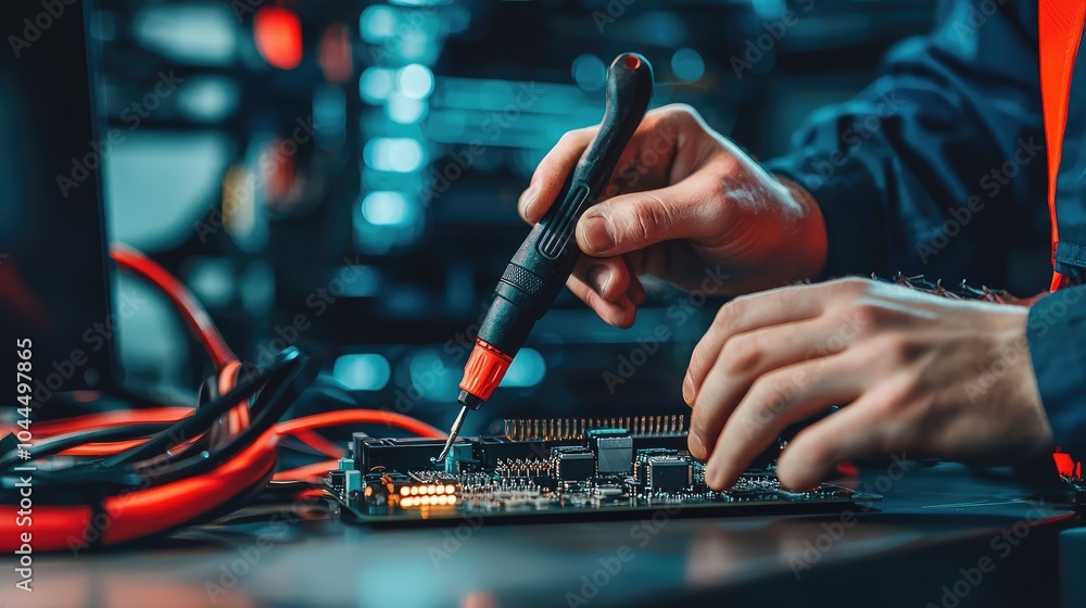 Poster technician using advanced diagnostic tools on circuit board
