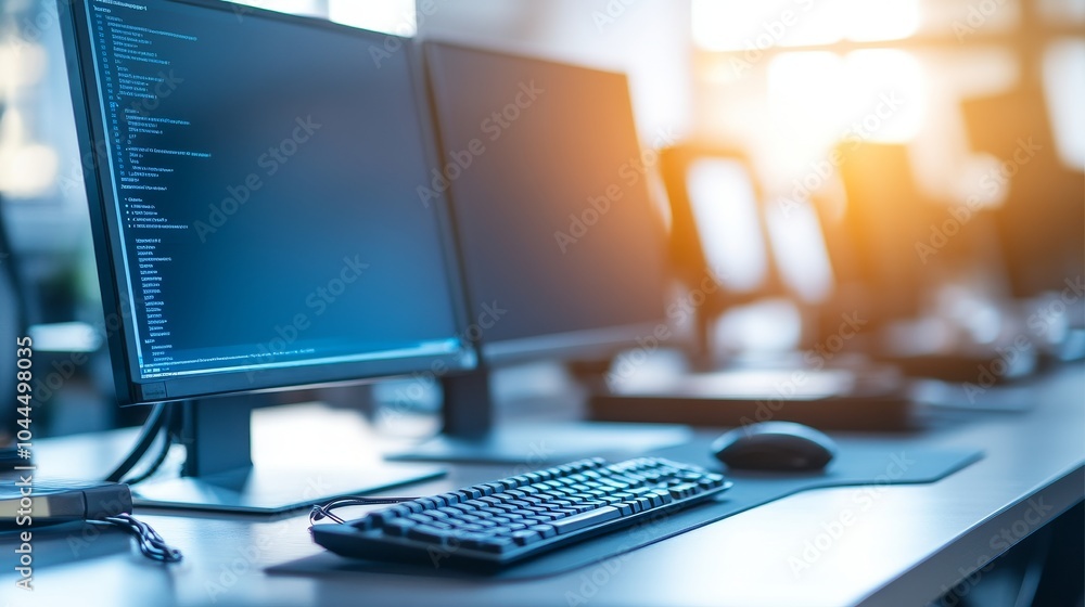 Poster a modern workspace featuring dual monitors, a keyboard, and a mouse, ideal for programming or tech t