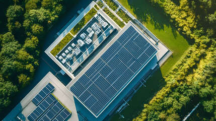 Aerial view of a large-scale data center powered by sustainable energy with solar panels on the roof, surrounded by greenery