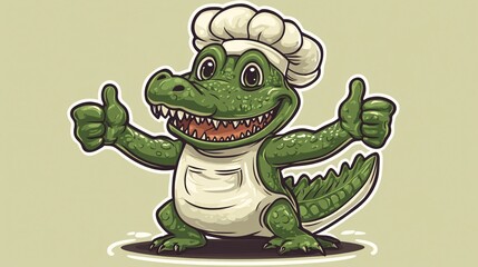 Cute green cartoon 
crocodile wear chef's hat illustration with thumbs up and smiling isolated on white background,  Suitable for a sticker.

