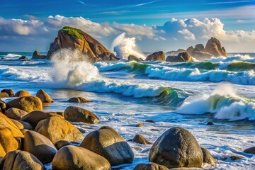 Scenic view of big waves and boulders along the Pacific Ocean coast at Kaka Point