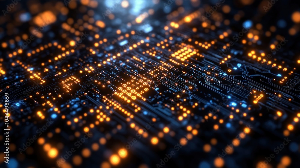 Poster abstract representation of a circuit board with glowing elements.
