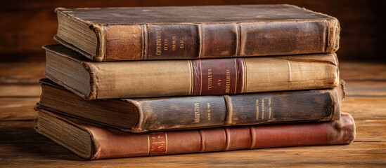 Stack of old, leather-bound books on a wooden table.