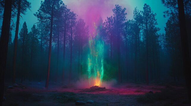 Mystical Forest Firework Display with Green and Purple Lights
