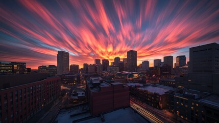 Obraz premium A vibrant city skyline at sunset, showcasing dramatic clouds and colorful skies.