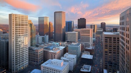 Obraz premium A panoramic view of a city skyline at sunset, showcasing modern architecture and urban life.