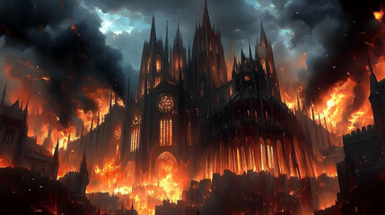 Fototapeta premium Gothic Cathedral in Hell Surrounded by Flames