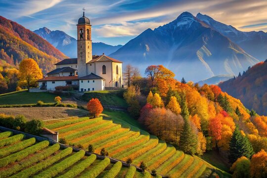 Scenic view of church in autumn with leading lines